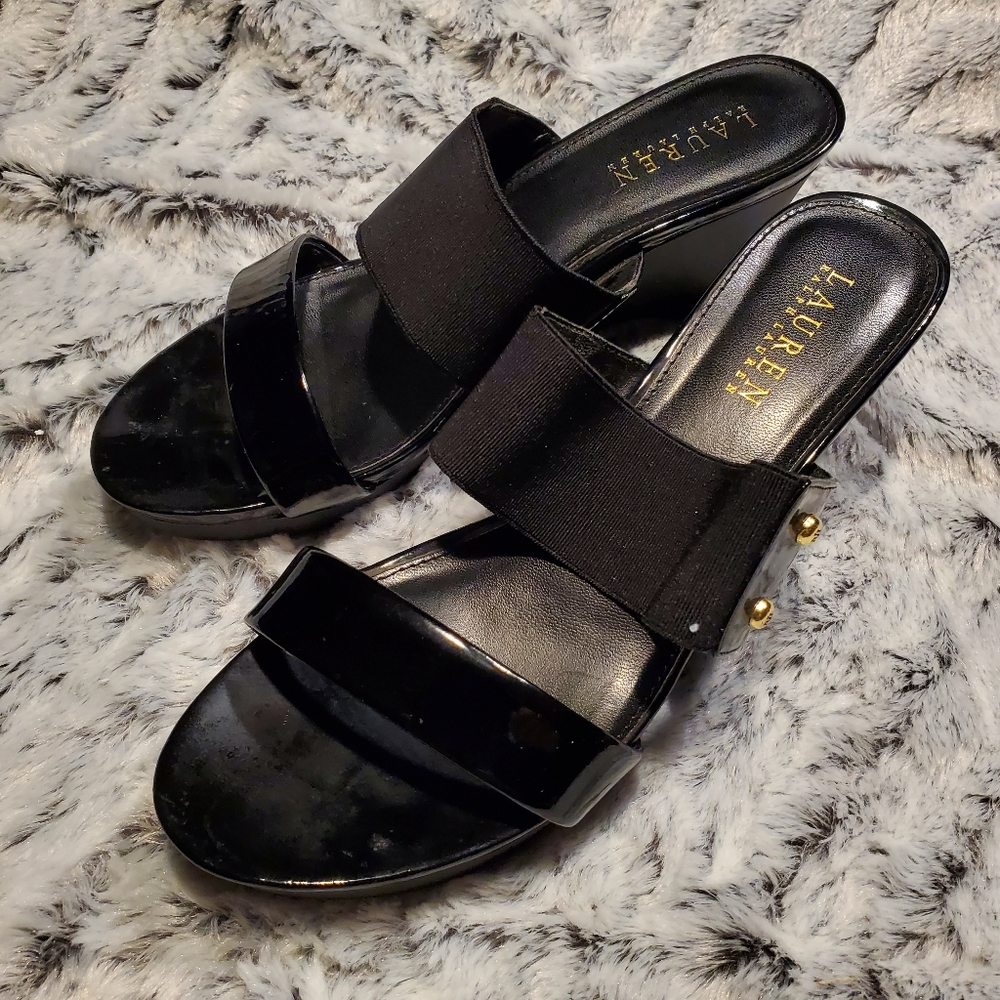 Lauren Ralph Lauren Sz 8.5M Black Slider Sandals Wedge